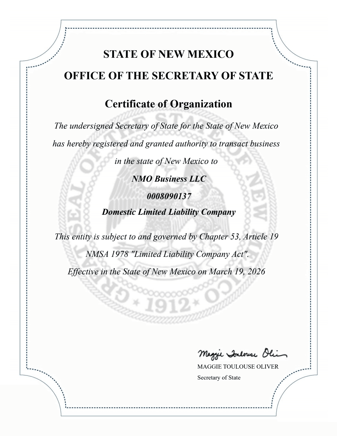 NMO Business LLC Certificate of Organization